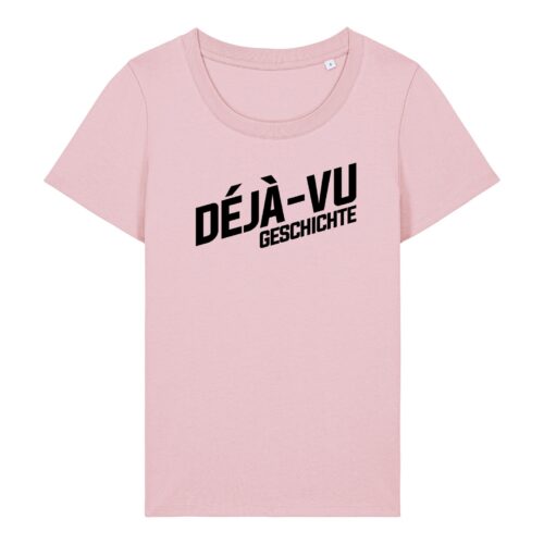 deja-vu-geschichte-logo-schwarz__stanley-stella-expresser-2-0__cottonpink__front-main enganliegendes Cover-Shirt mit Taille | Damen, 155 g/m², schwarzer Druck | 🛜 DÉJÀ-VU GESCHICHTE