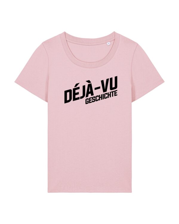 deja-vu-geschichte-logo-schwarz__stanley-stella-expresser-2-0__cottonpink__front-main enganliegendes Cover-Shirt mit Taille | Damen, 155 g/m², schwarzer Druck | 🛜 DÉJÀ-VU GESCHICHTE