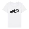 deja-vu-geschichte-logo-schwarz__stanley-stella-expresser-2-0__white__front-main enganliegendes Cover-Shirt mit Taille | Damen, 155 g/m², schwarzer Druck | 🛜 DÉJÀ-VU GESCHICHTE