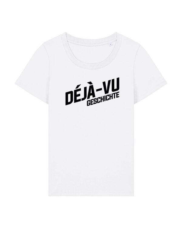 deja-vu-geschichte-logo-schwarz__stanley-stella-expresser-2-0__white__front-main enganliegendes Cover-Shirt mit Taille | Damen, 155 g/m², schwarzer Druck | 🛜 DÉJÀ-VU GESCHICHTE