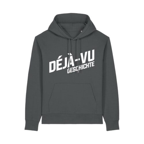 deja-vu-geschichte-logo-weiss__stanley-stella-gamechanger__anthracite__front-main Logo-Hoodie aus recyceltem Mischgewebe | unisex, Logo weiß | 🛜 DÉJÀ-VU GESCHICHTE