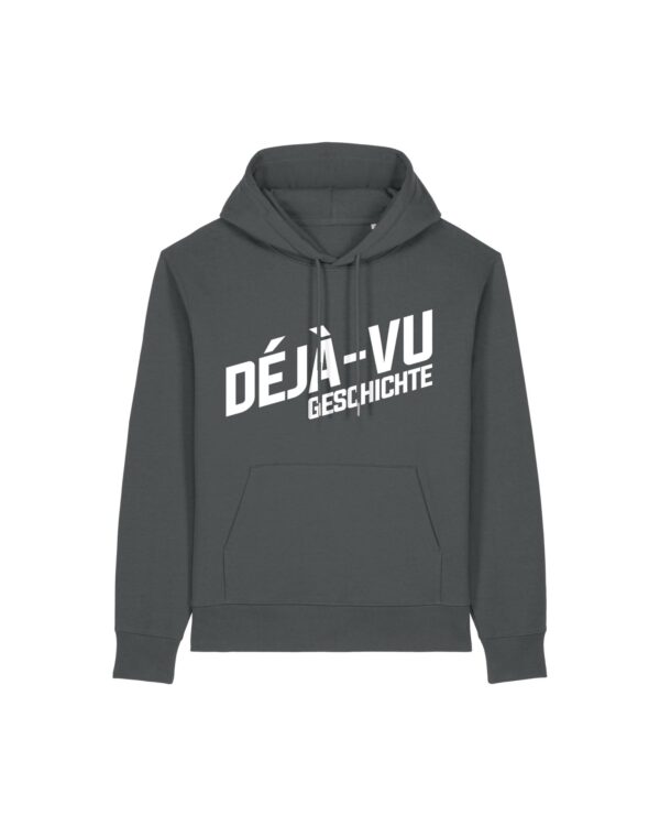 deja-vu-geschichte-logo-weiss__stanley-stella-gamechanger__anthracite__front-main Logo-Hoodie aus recyceltem Mischgewebe | unisex, Logo weiß | 🛜 DÉJÀ-VU GESCHICHTE