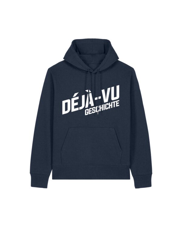 deja-vu-geschichte-logo-weiss__stanley-stella-gamechanger__frenchnavy__front-main Logo-Hoodie aus recyceltem Mischgewebe | unisex, Logo weiß | 🛜 DÉJÀ-VU GESCHICHTE