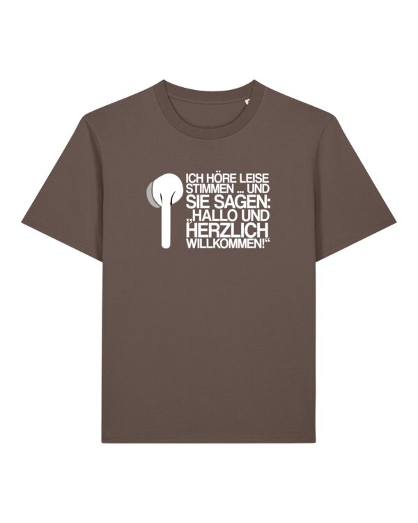 „Ich höre leise Stimmen“-Podcast-♥️-Shirt | unisex, bio, OEKOTEX-100, weißer Druck
