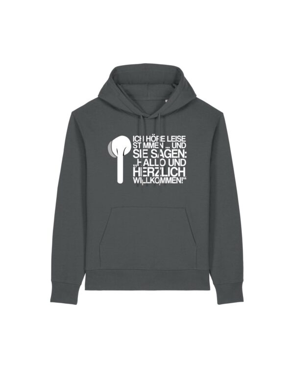 leise-stimmen-weiss__stanley-stella-gamechanger__anthracite__front-main „Ich höre leise Stimmen“-Podcast-❤️-Hoodie | unisex, extrem kuschelig, OEKOTEXT 100, recycelt, weißer Druck