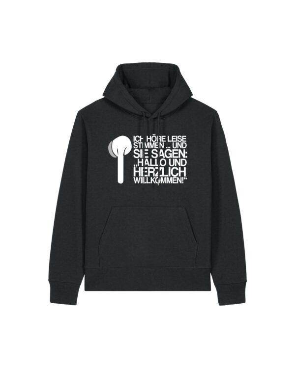 leise-stimmen-weiss__stanley-stella-gamechanger__black__front-main „Ich höre leise Stimmen“-Podcast-❤️-Hoodie | unisex, extrem kuschelig, OEKOTEXT 100, recycelt, weißer Druck