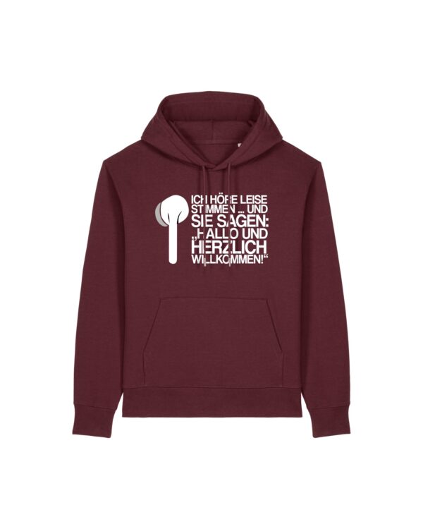 leise-stimmen-weiss__stanley-stella-gamechanger__burgundy__front-main „Ich höre leise Stimmen“-Podcast-❤️-Hoodie | unisex, extrem kuschelig, OEKOTEXT 100, recycelt, weißer Druck
