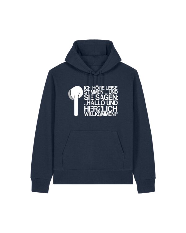 leise-stimmen-weiss__stanley-stella-gamechanger__french-navy__front-main „Ich höre leise Stimmen“-Podcast-❤️-Hoodie | unisex, extrem kuschelig, OEKOTEXT 100, recycelt, weißer Druck