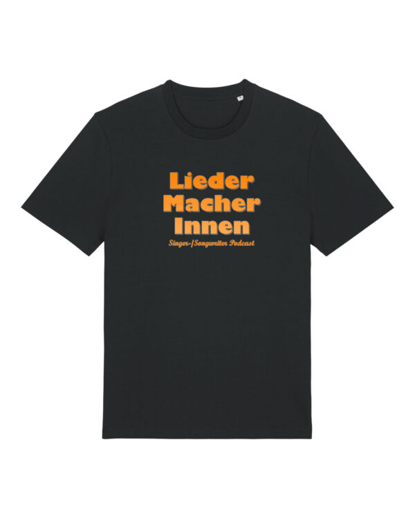 liedermacher-innen-logo__stanley-stella-creator-2-0__black__front-main Logoshirt für Musik- und Podcastfans | unisex, bio, OEKOTEX-100, diverse Farben | 🛜 LIEDER:MACHER:INNEN