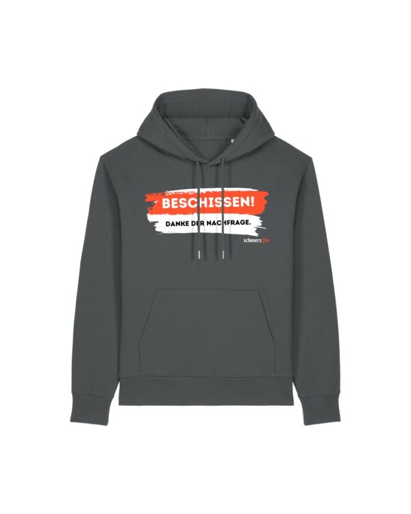 schmerzenssache-beschissen__stanley-stella-gamechanger__anthracite__front-main „Na, wie geht's?“-Hoodie aus recyceltem Mischgewebe | unisex, nachhaltig, diverse Farben | 🛜 SCHMERZENSSACHE