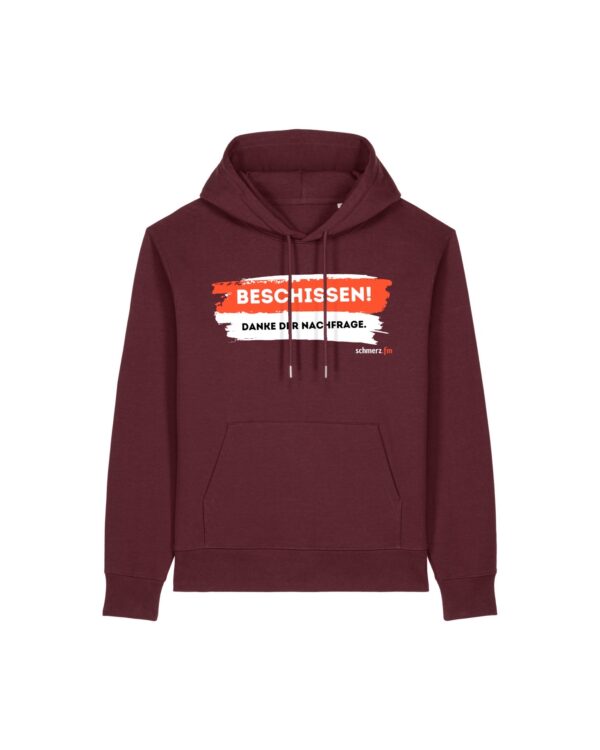schmerzenssache-beschissen__stanley-stella-gamechanger__burgundy__front-main „Na, wie geht's?“-Hoodie aus recyceltem Mischgewebe | unisex, nachhaltig, diverse Farben | 🛜 SCHMERZENSSACHE