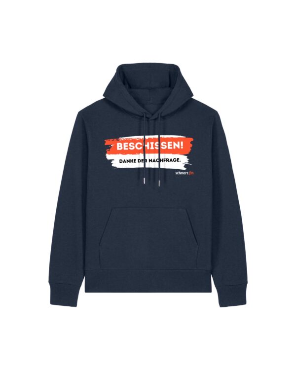 schmerzenssache-beschissen__stanley-stella-gamechanger__french-navy__front-main „Na, wie geht's?“-Hoodie aus recyceltem Mischgewebe | unisex, nachhaltig, diverse Farben | 🛜 SCHMERZENSSACHE