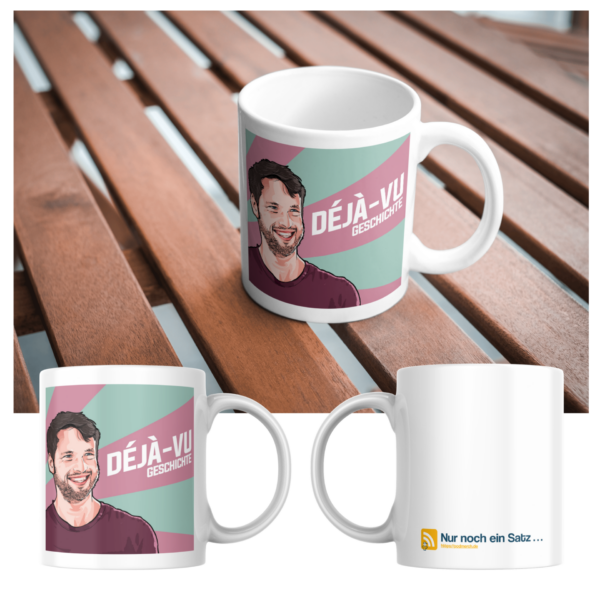 deja-vu-cover-plus-podmerch Tasse mit Cover für Kaffee, Tee und Podcast-Freunde | 325 ml, weiß | 🛜 DÉjÀ VU GESCHICHTE