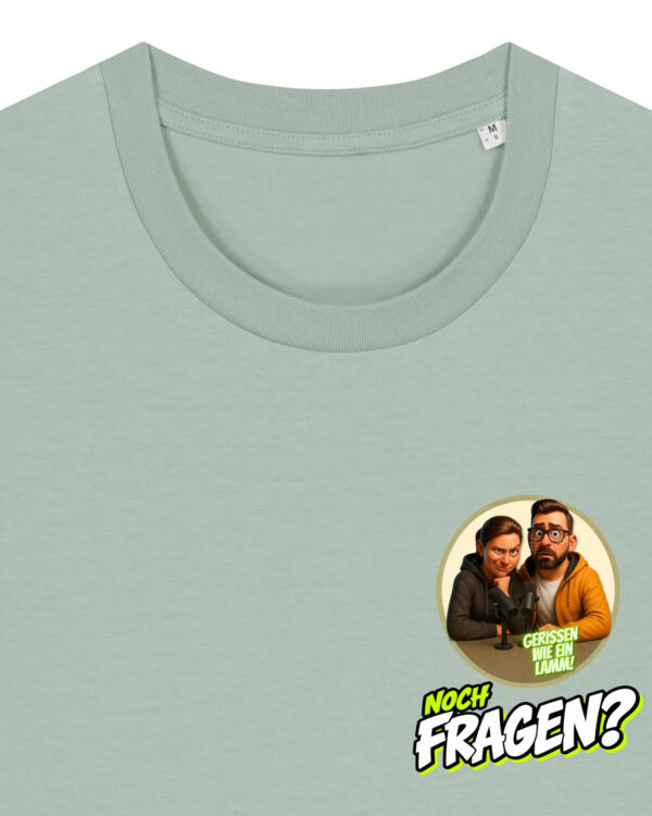 gerissen-wie-ein-lamm-comic-sm__stanley-stella-creator-2-0__aloe__front-detail Comic-Shirt Brustdruck | unisex, bio, OEKOTEX-100 | 🛜 GERISSEN WIE EIN LAMM