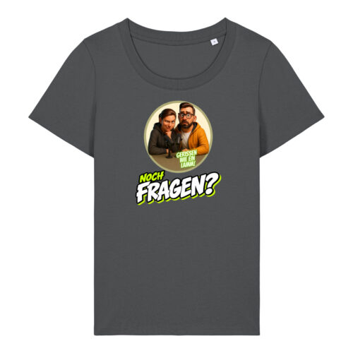 gerissen-wie-ein-lamm-comic__stanley-stella-expresser-2-0__anthracite__front-main „Noch Fragen?“-Comic-Shirt mit Taille | Damen, 155 g/m², verschiedene Farben | 🛜 Gerissen wie ein Lamm