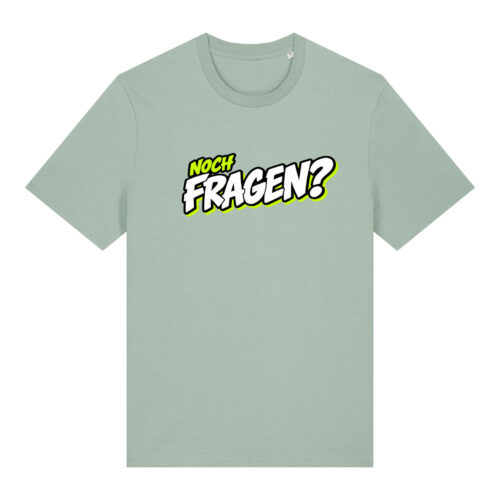 gerissen-wie-ein-lamm-schriftzug-fragen__stanley-stella-creator-2-0__aloe__front-main „Noch Fragen?“-Shirt | unisex, bio, OEKOTEX-100, diverse Farben | 🛜 GERISSEN WIE EIN LAMM