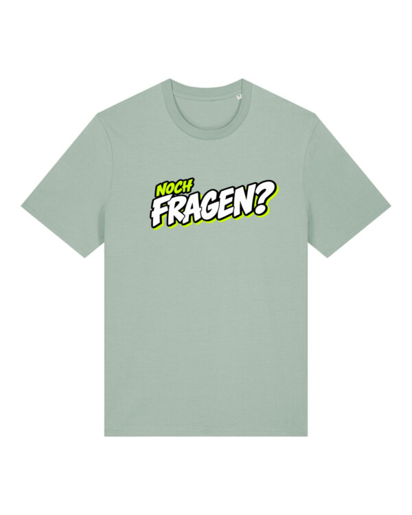 gerissen-wie-ein-lamm-schriftzug-fragen__stanley-stella-creator-2-0__aloe__front-main „Noch Fragen?“-Shirt | unisex, bio, OEKOTEX-100, diverse Farben | 🛜 GERISSEN WIE EIN LAMM