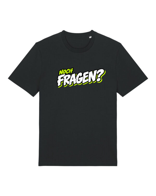 gerissen-wie-ein-lamm-schriftzug-fragen__stanley-stella-creator-2-0__black__front-main „Noch Fragen?“-Shirt | unisex, bio, OEKOTEX-100, diverse Farben | 🛜 GERISSEN WIE EIN LAMM