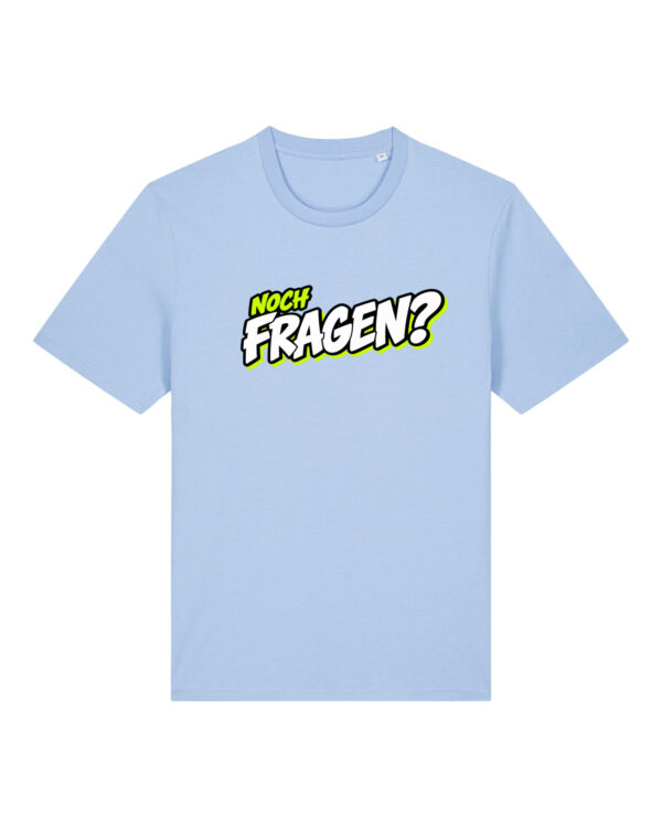 gerissen-wie-ein-lamm-schriftzug-fragen__stanley-stella-creator-2-0__blue-soul__front-main „Noch Fragen?“-Shirt | unisex, bio, OEKOTEX-100, diverse Farben | 🛜 GERISSEN WIE EIN LAMM