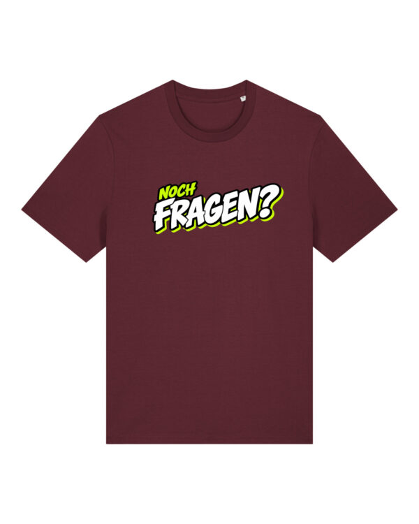 gerissen-wie-ein-lamm-schriftzug-fragen__stanley-stella-creator-2-0__burgundy__front-main „Noch Fragen?“-Shirt | unisex, bio, OEKOTEX-100, diverse Farben | 🛜 GERISSEN WIE EIN LAMM