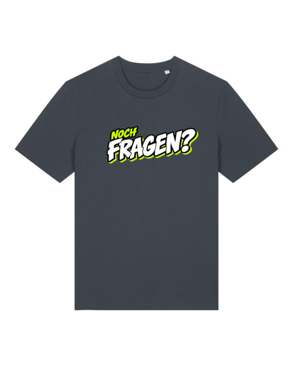 gerissen-wie-ein-lamm-schriftzug-fragen__stanley-stella-creator-2-0__india-ink-grey__front-main „Noch Fragen?“-Shirt | unisex, bio, OEKOTEX-100, diverse Farben | 🛜 GERISSEN WIE EIN LAMM