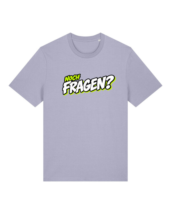 gerissen-wie-ein-lamm-schriftzug-fragen__stanley-stella-creator-2-0__lavender__front-main „Noch Fragen?“-Shirt | unisex, bio, OEKOTEX-100, diverse Farben | 🛜 GERISSEN WIE EIN LAMM
