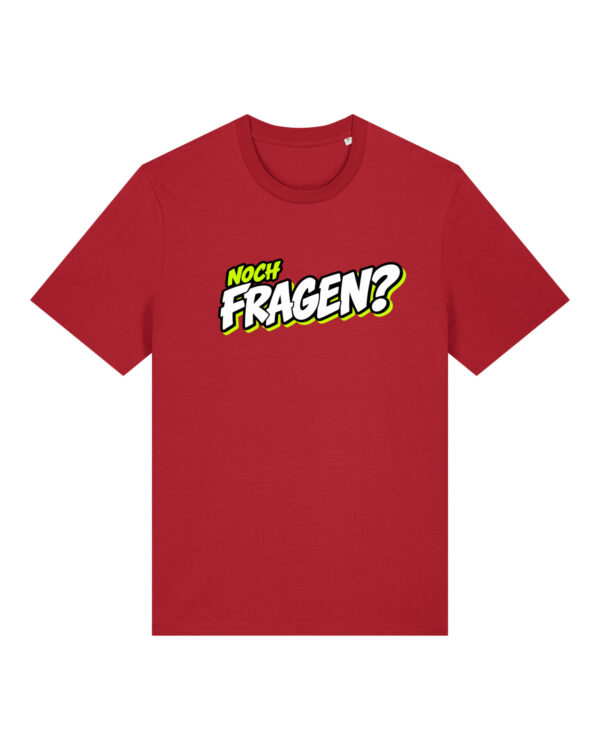 gerissen-wie-ein-lamm-schriftzug-fragen__stanley-stella-creator-2-0__red__front-main „Noch Fragen?“-Shirt | unisex, bio, OEKOTEX-100, diverse Farben | 🛜 GERISSEN WIE EIN LAMM