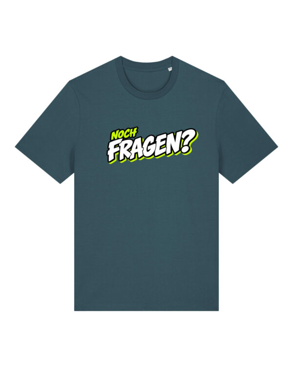 gerissen-wie-ein-lamm-schriftzug-fragen__stanley-stella-creator-2-0__stargazer__front-main „Noch Fragen?“-Shirt | unisex, bio, OEKOTEX-100, diverse Farben | 🛜 GERISSEN WIE EIN LAMM