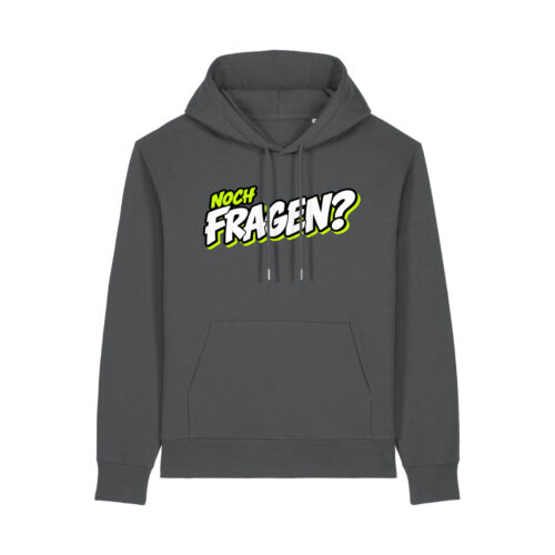 gerissen-wie-ein-lamm-schriftzug-fragen__stanley-stella-gamechanger__anthracite__front-main kuscheliger Logo-Hoodie | unisex, bio, recycelt | 🛜 GERISSEN WIE EIN LAMM