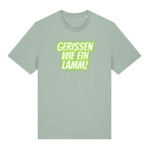 gerissen-wie-ein-lamm-schriftzug__stanley-stella-creator-2-0__aloe__front-main Logo-Shirt | unisex, bio, OEKOTEX-100, diverse Farben | 🛜 GERISSEN WIE EIN LAMM