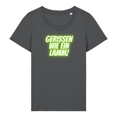 gerissen-wie-ein-lamm-schriftzug__stanley-stella-expresser-2-0__anthracite__front-main Logo-Shirt mit Taille | Damen, 155 g/m², verschiedene Farben | 🛜 GERISSEN WIE EIN LAMM