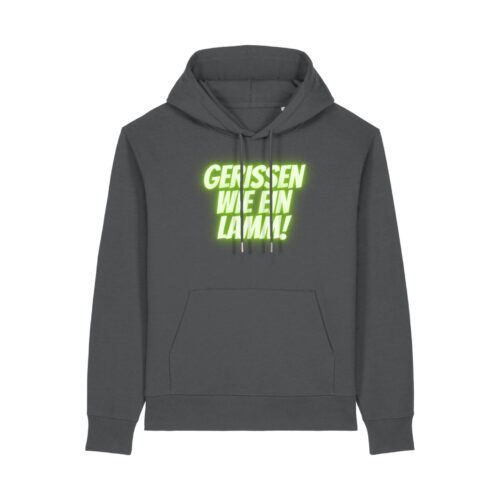 gerissen-wie-ein-lamm-schriftzug__stanley-stella-gamechanger__anthracite__front-main kuscheliger Logo-Hoodie | unisex, bio | 🛜 GERISSEN WIE EIN LAMM