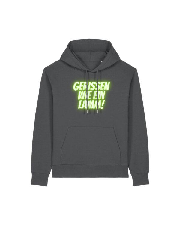 gerissen-wie-ein-lamm-schriftzug__stanley-stella-gamechanger__anthracite__front-main kuscheliger Logo-Hoodie | unisex, bio | 🛜 GERISSEN WIE EIN LAMM