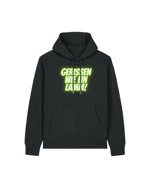 gerissen-wie-ein-lamm-schriftzug__stanley-stella-gamechanger__black__front-main kuscheliger Logo-Hoodie | unisex, bio | 🛜 GERISSEN WIE EIN LAMM