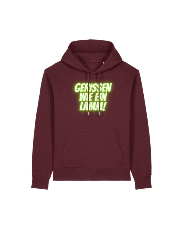 gerissen-wie-ein-lamm-schriftzug__stanley-stella-gamechanger__burgundy__front-main kuscheliger Logo-Hoodie | unisex, bio | 🛜 GERISSEN WIE EIN LAMM