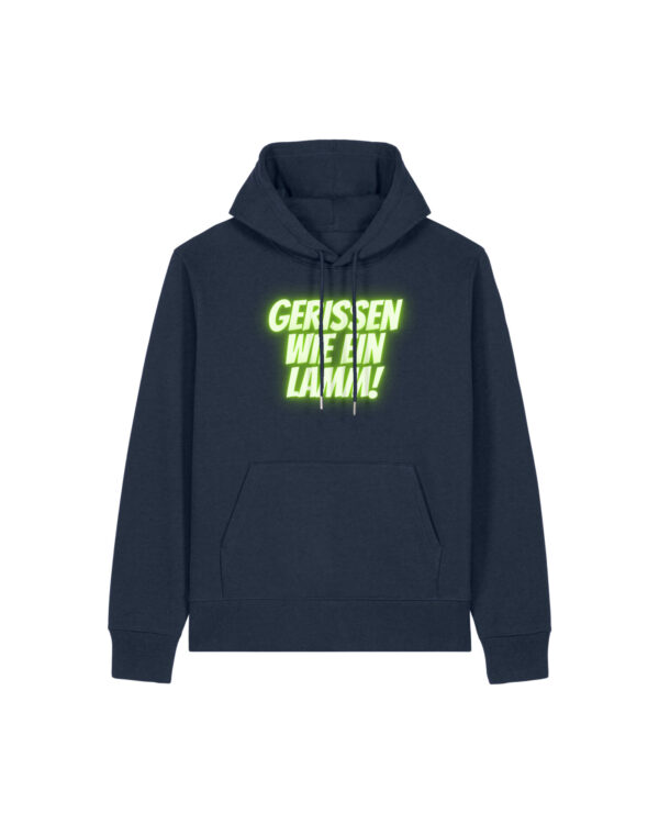 gerissen-wie-ein-lamm-schriftzug__stanley-stella-gamechanger__french-navy__front-main kuscheliger Logo-Hoodie | unisex, bio | 🛜 GERISSEN WIE EIN LAMM