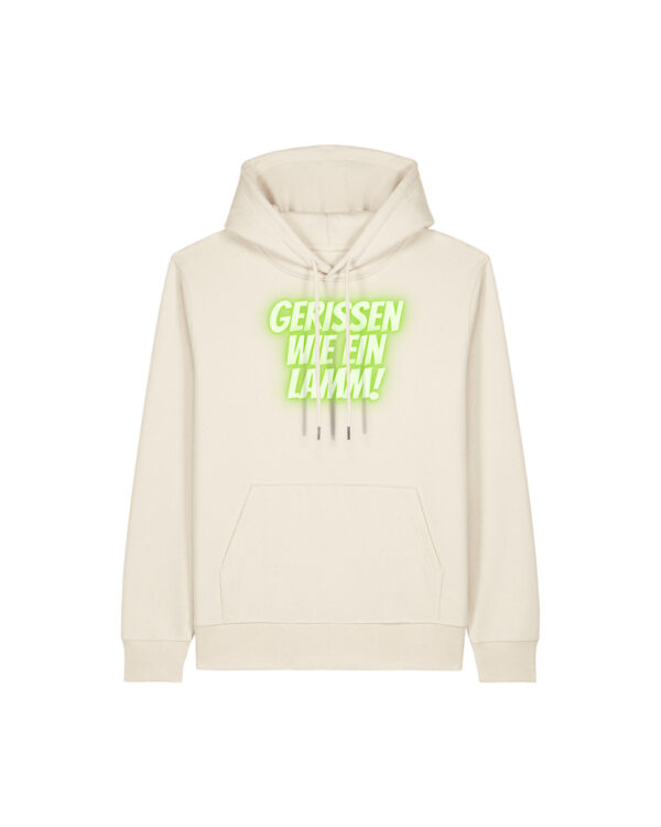 gerissen-wie-ein-lamm-schriftzug__stanley-stella-gamechanger__natural-raw__front-main kuscheliger Logo-Hoodie | unisex, bio | 🛜 GERISSEN WIE EIN LAMM