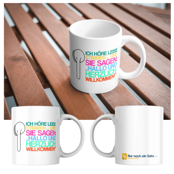 „Ich höre leise Stimmen“-Tasse für Kaffee, Tee und Podcast-Freunde | 325 ml, weiß