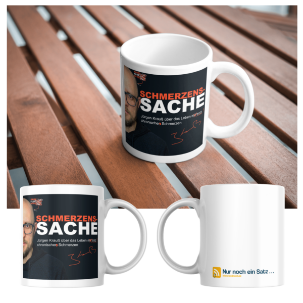 schmerzenssache-cover-plus-podmerch Tasse mit Cover für Kaffee, Tee und Podcast-Freunde | 325 ml, weiß | 🛜 SCHMERZENSSACHE